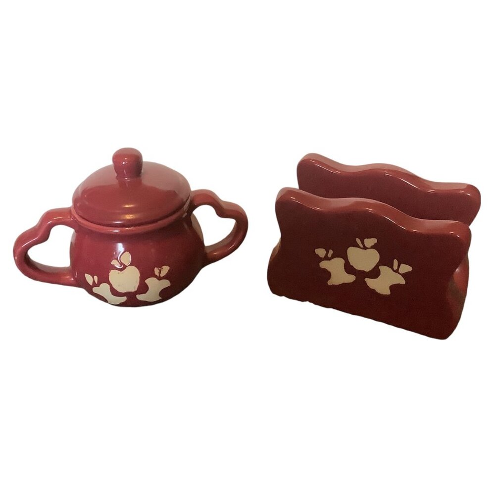 Vtg Hermitage Pottery Apple Motif Red Sandstone Napkin Holder‎ & Sugar Bowl Lid